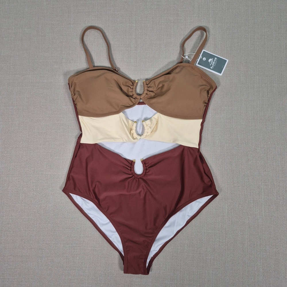 Eomenie‎ Women Colorblock Cutout One Piece Swimsuit Brown Tan XL New